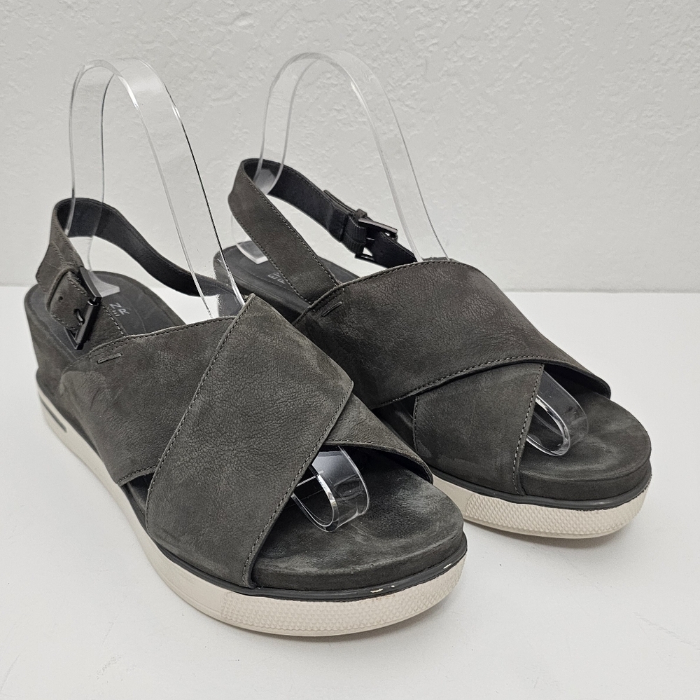 Eileen Fisher Wedge Heel Criss-Cross Sandals Gray Suede Size 8.5 Casual Y2K